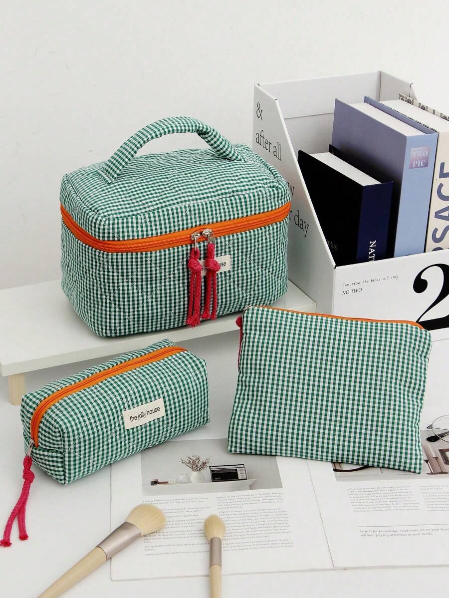 1Pc/Set Plaid Design Green Color Contrast With String Multi-Functional Cosmetic Organizer Handbag Bath Shower Wallet Pouch Portable Cosmetics Brush Storage Clutch With Zipper Closure For Lipstick, Brush, Skincare, Mobile Phone, Coin, Small Items Summer Travel, Vacation Home Bathroom Decor Holiday Bathroom Accessories Back To School