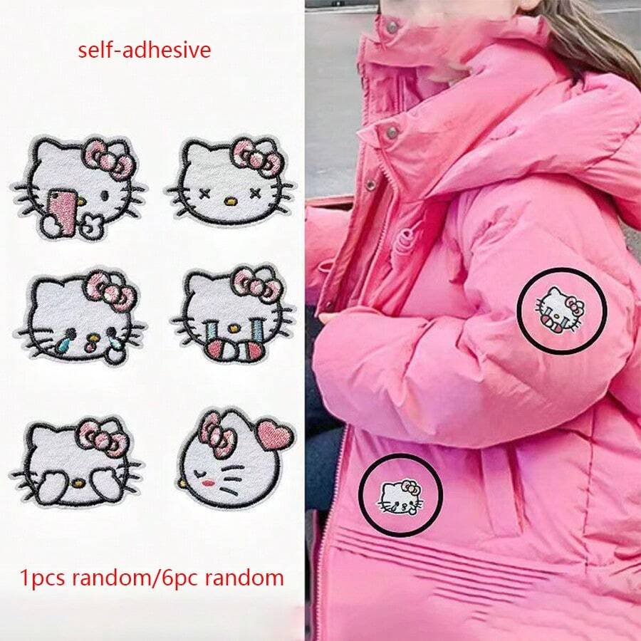 Sanrio 1pc/6pcs Cartoon Hello Kitty Fabric Sticker Embroidery Label Cute Patch For Clothes, Self-Adhesive Waterproof Decal, Suitable For All Kinds Of Clothing. (Random Style)