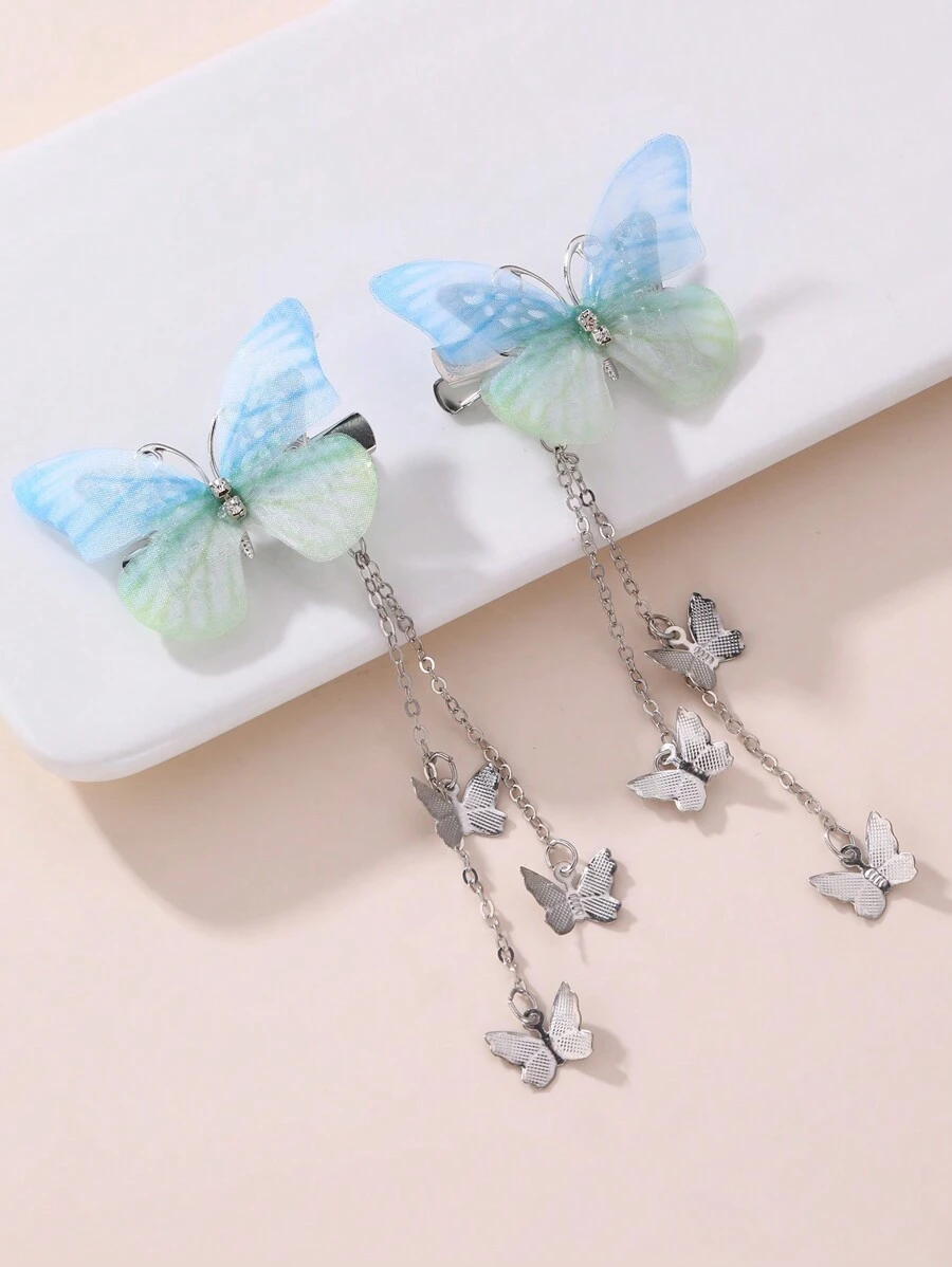2pcs Women's Simpilistic Elegant Butterfly Tassel Hair Clips, Suitable For Daily Wear