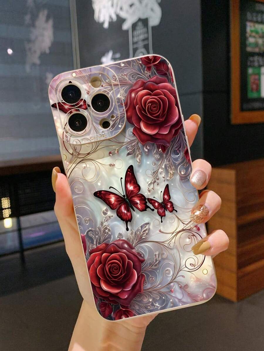 1pc Rose Butterfly Anti-Knock Phone Case Compatible With IPhone/Galaxy/Infinix/Redmi/OPPO/VIVO//Realme