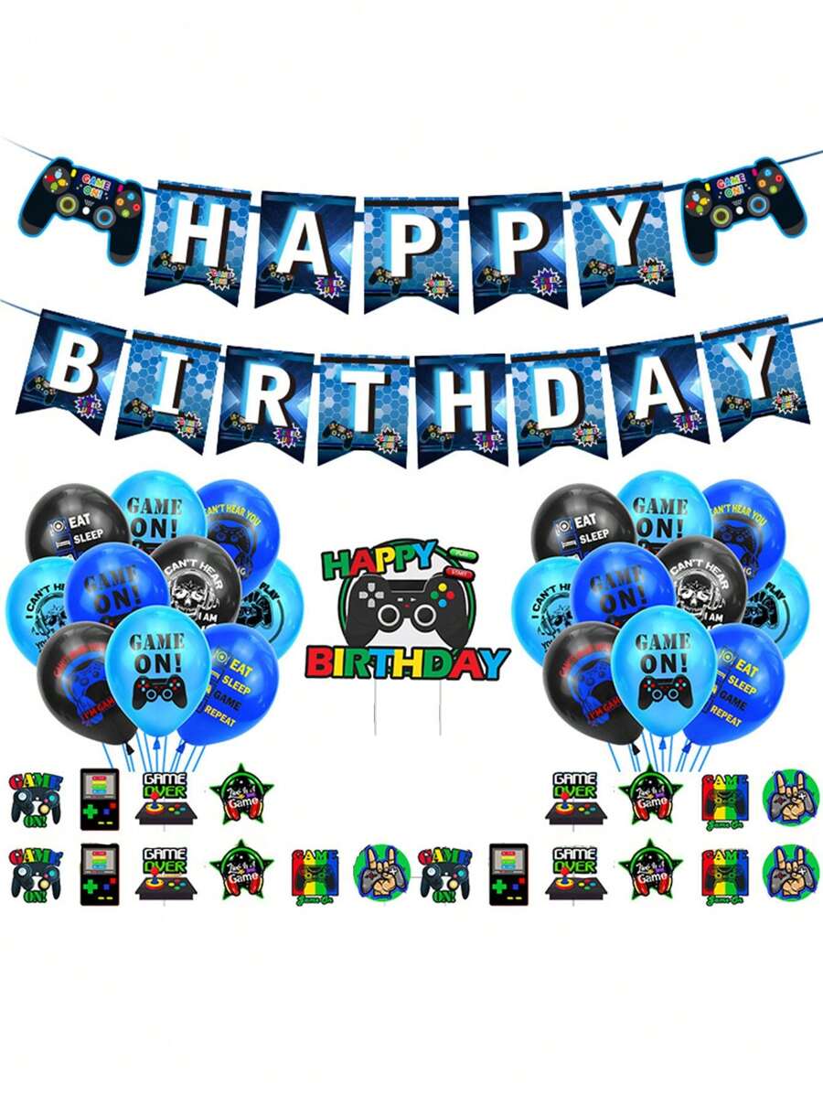 Conjunto de Decoração para Festa com Tema de Games Inclui Faixas de Controle, Balões e Decoração de Mesa para Festa de Aniversário
