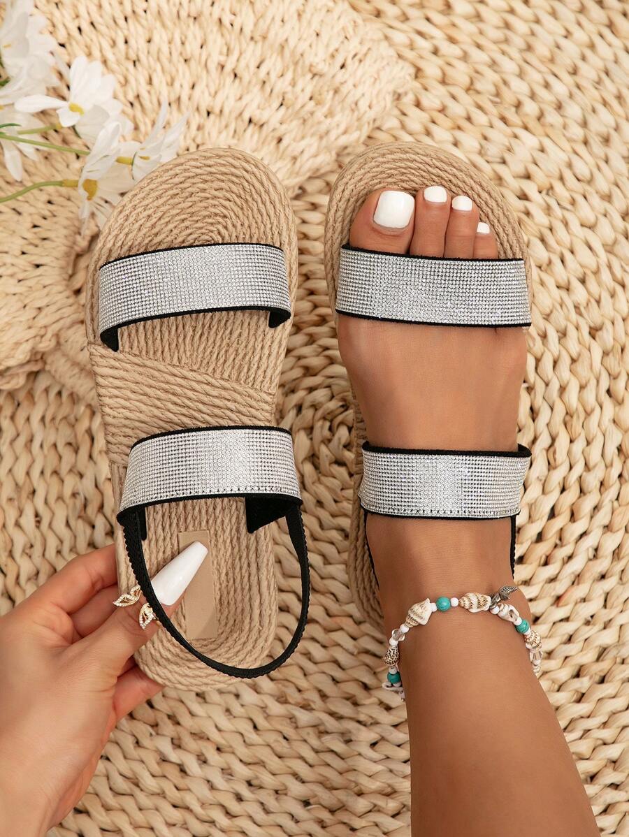 New Summer Women Sandals Outdoor Vacation Beach Shoes, Straw Rope Bottom Slip-On Slippers