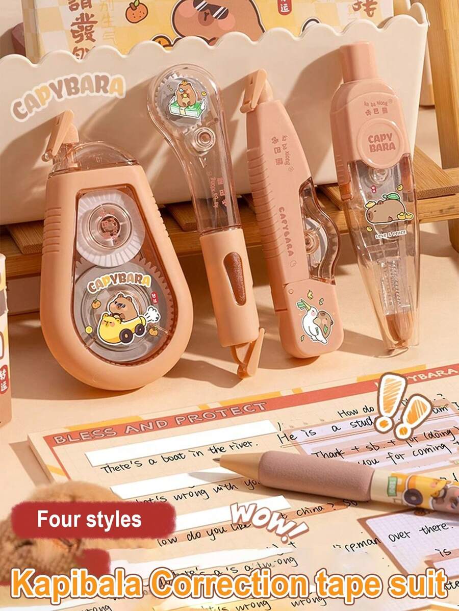 4pcs/38m Kappybara Correction Tape Set, Cute Highly Attractive Ins Style, Smooth Large Capacity Portable Corrector Tape, Suitable For Daily Use And Exams, Shock-Resistant And Silent