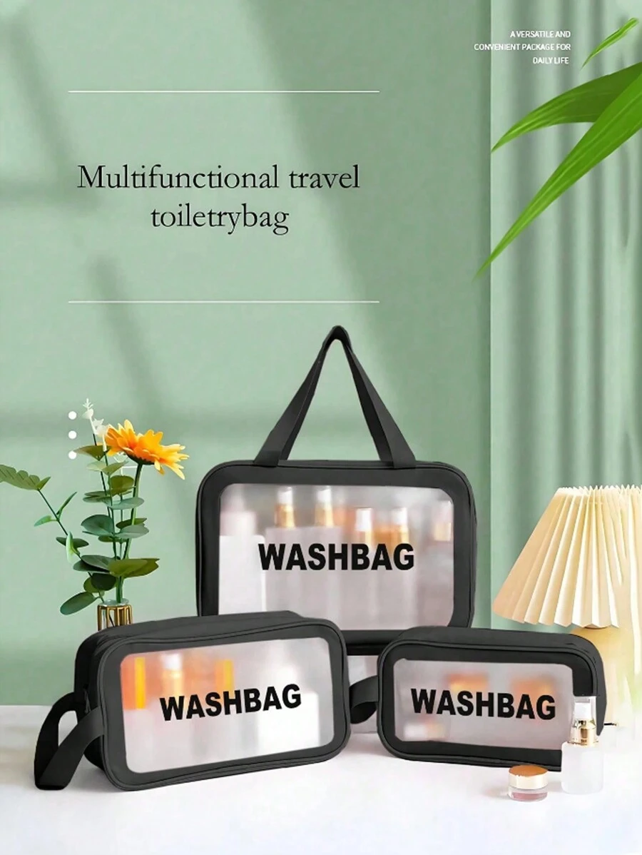 3PCS/1PC Transparent Makeup Bag, Toiletry Bag, With Monogram Print, Portable, Translucent PVC Toiletries Set, PU Scrub Bath And Swim Storage Bag, Large Capacity Travel Makeup Storage Bag, Makeup Bag Makeup Bag, Makeup Bag