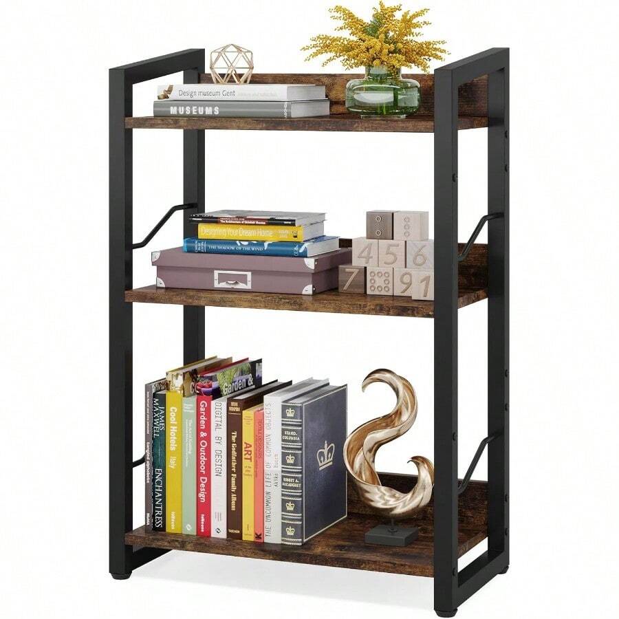 Book Shelf Small Bookshelf: 3-Tier Wood Bookcase Industrial Bookshelf With Edge Protection Metal Narrow Bookshelves Storage Organizer Display Rack For Bedroom Home Office (Rustic Brown)