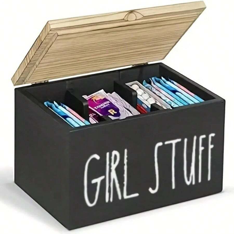 Chic French Country Wooden Bathroom Organizer With Lid - 3-Compartment Storage Box For Girls' Essentials, Sanitary Pads & Accessories, Removable Dividers