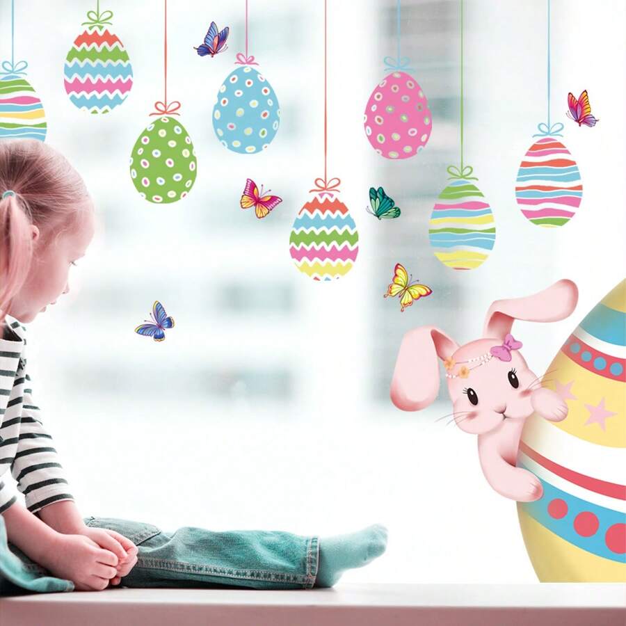 Décorations adhésives statiques pour fenêtre représentant des œufs de Pâques, des lapins, pour porte en verre, autocollants décoratifs visibles des deux côtés pour vitrine de magasin