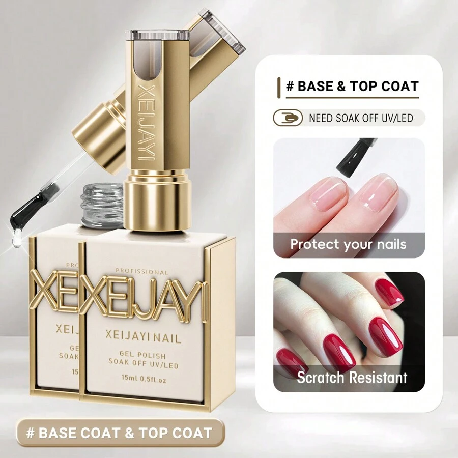 XEIJAYI XEIJAYI 2Pcs 15Ml New Model Base Coat And Top Coat No Wipe Gel Nail Polish UV LED Soak Off Top Gel Glossy Sealer Shiny Varnish For Manicure Salon DIY