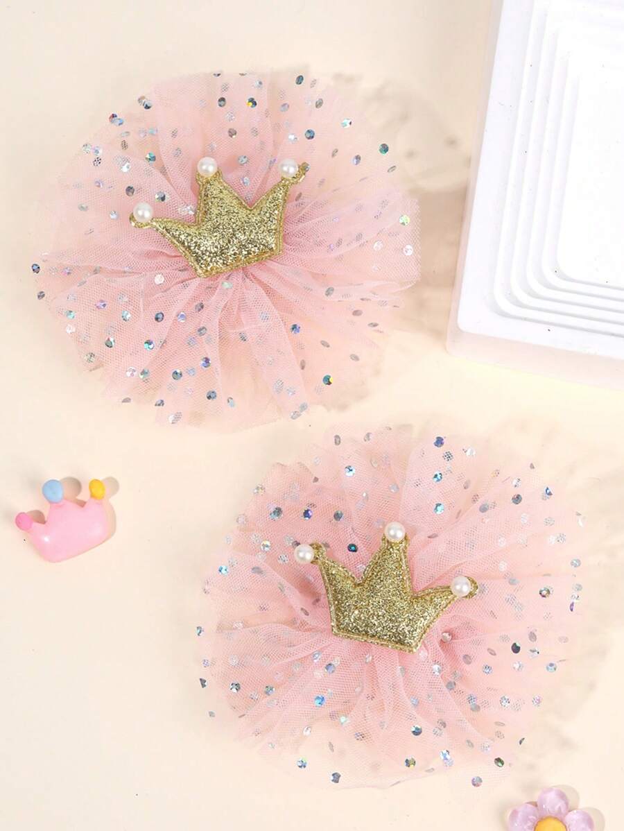 2 pezzi di fermagli per capelli con corona glitterata per ragazze, con perle finte e decorazioni in strass, colore beige e rosa, molletta per capelli con molletta per feste, festival e celebrazioni, accessori per capelli adatti per bambini e ragazze, perfetti come regalo, adatti per la vita quotidiana e le vacanze