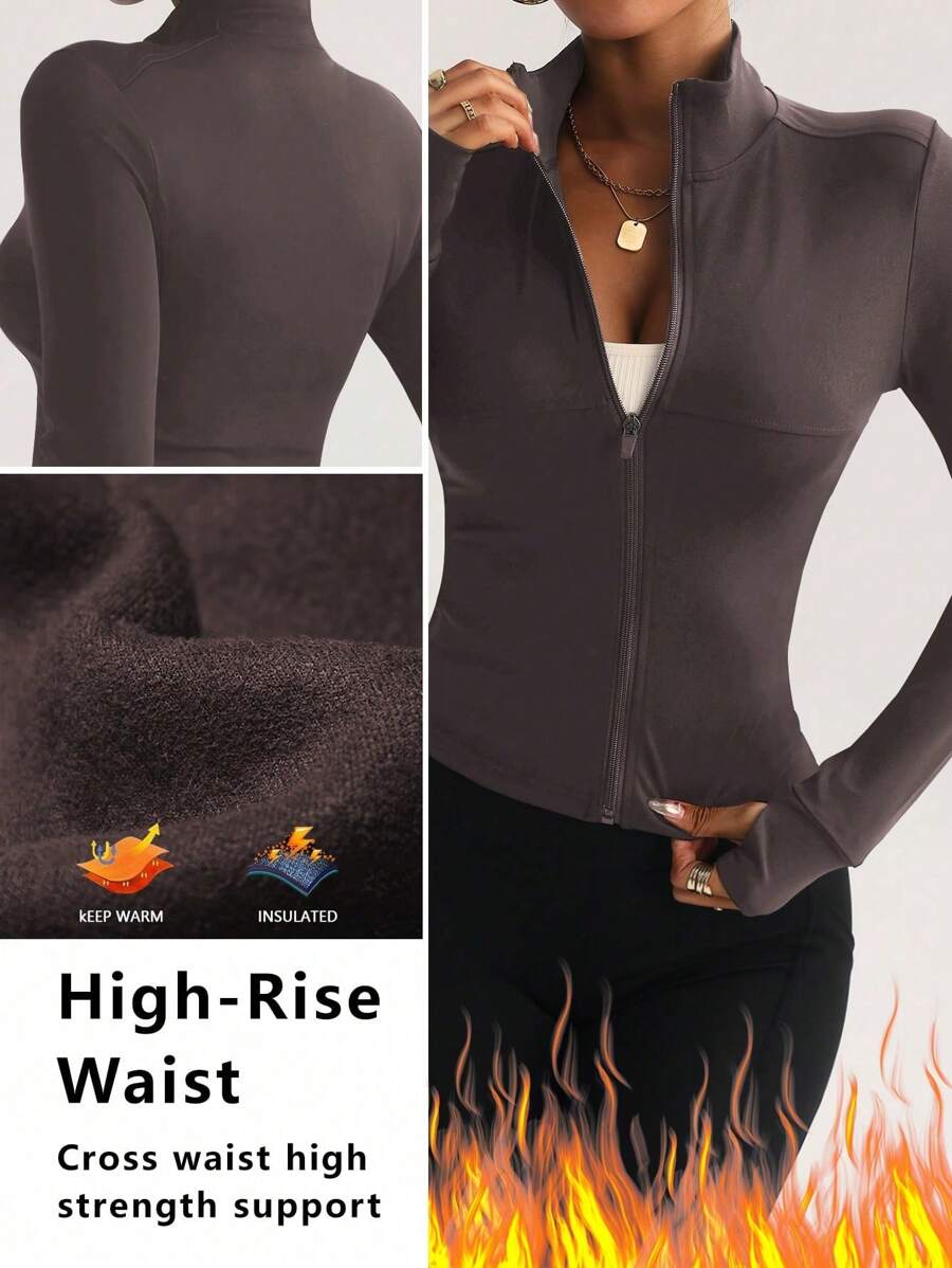 FWH Completo da allenamento slim-fit e traspirante per uso all'aperto, con protezione solare, cerniera, elasticizzato, semplice e snellente, di alta qualità, moda streetwear di base, elastico e casual, colore unico, valorizzante, elegante, aderente, con fodera termica, giacca da yoga a maniche lunghe