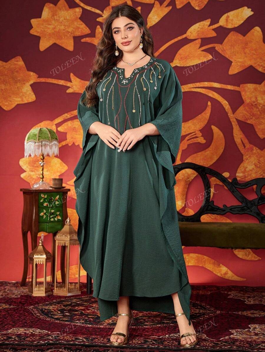 Plus Size Vrouwen V-hals Elegante Kralen Arabische Stijl Jurk