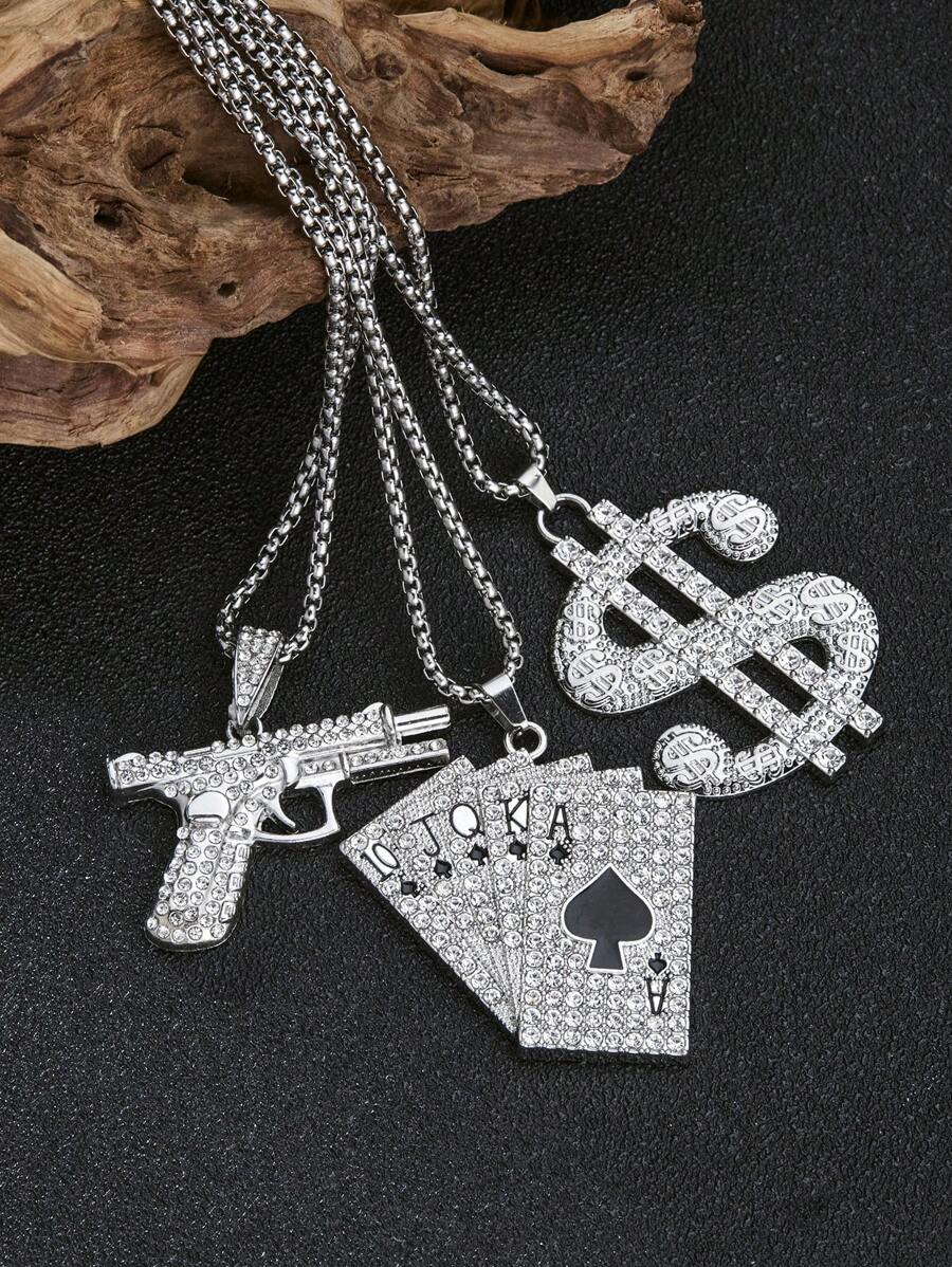 1pc Fashion Hip-Hop Style Stainless Steel Long Necklace With Pendant Charms, Including Poker, Dollar, Gun Pendant, Suitable For Gift, Valentine's Day, Graduation, Father's Day, Men's Jewelry, Chain Necklace