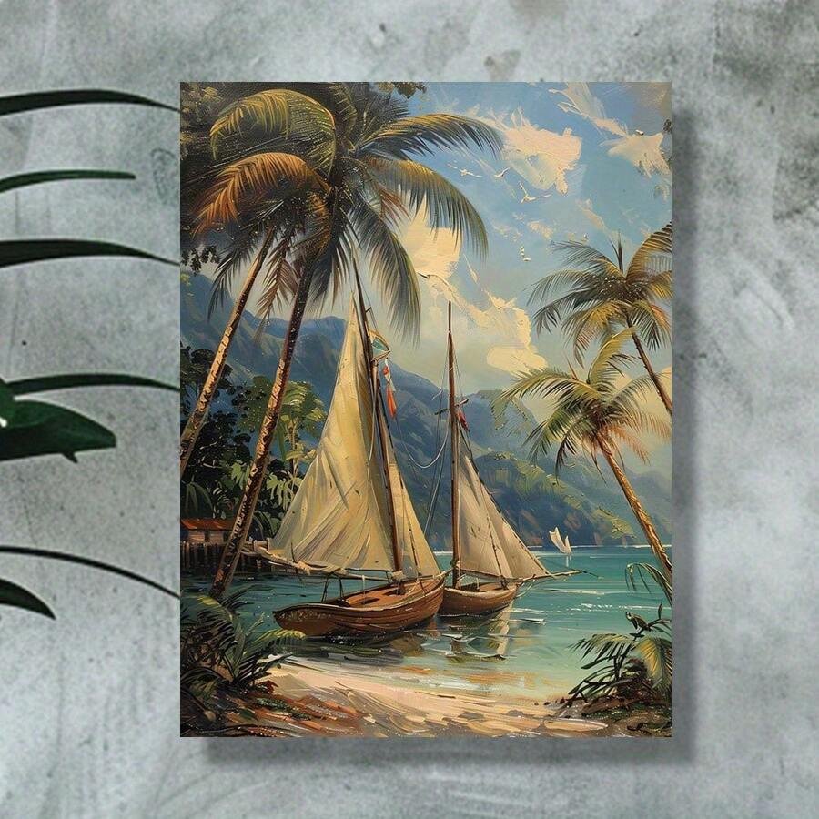 1 Pc Canvas Painting, Tropical, Beach, Coconut Trees , Wooden Framed Art,High Quality ,Ickness 2.25cm/1inch Wall Art Prints Poster Direct Hanging Decor For Home Gifts,Living Room, Bathroom, Bedroom, Kitchen,Bar,Office