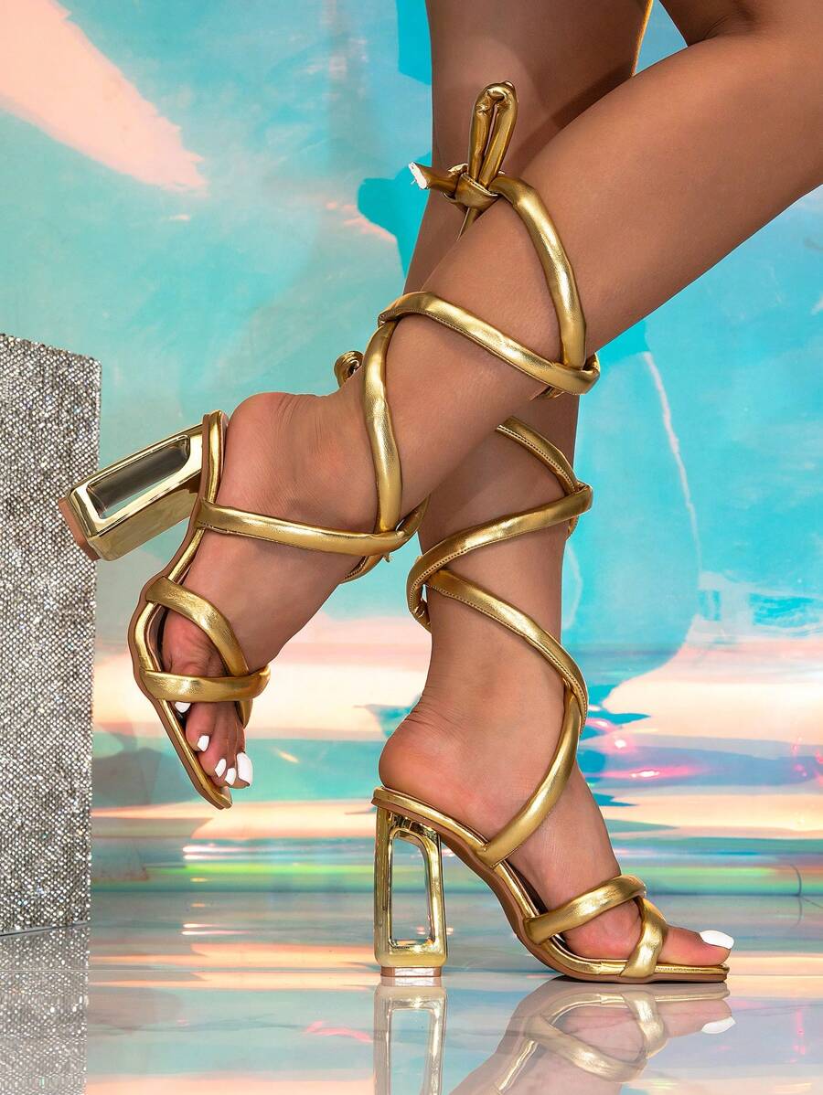 Women's Strappy High Heel Sandals, 2025 New Arrival Square Toe Metal High Heels, Strap Outdoor/Vacation Lightweight Sexy Beach Fashion Versatile Sandals