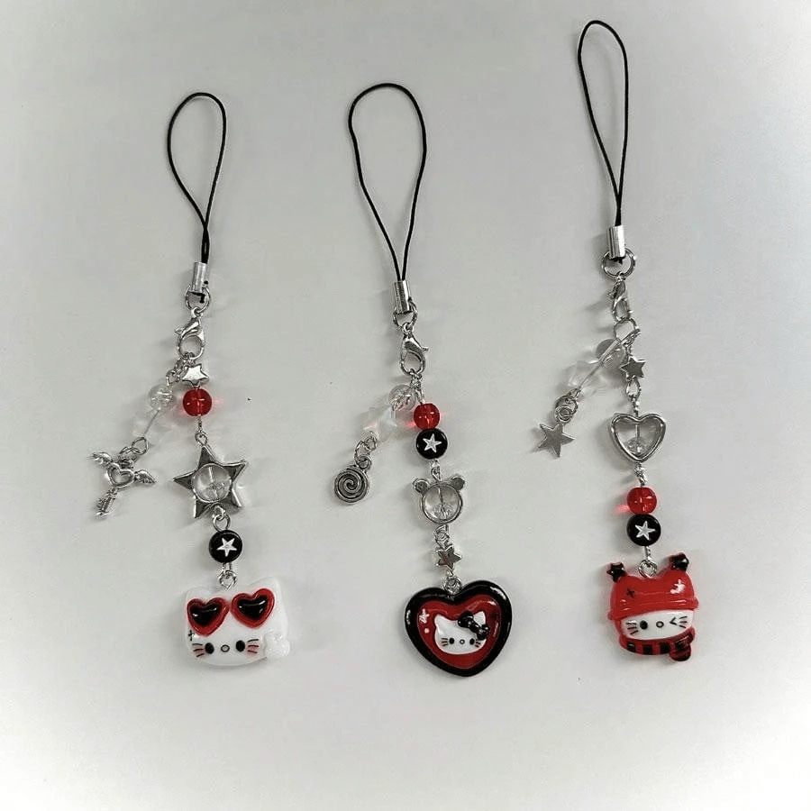 1 pieza Llavero con colgante de metal de Hello Kitty, correa para teléfono de anime, llavero de coche, accesorio para mochila de estudiante, lindo adorno colgante para bolsa, ornamento colgante de dibujos animados, cordón para teléfono