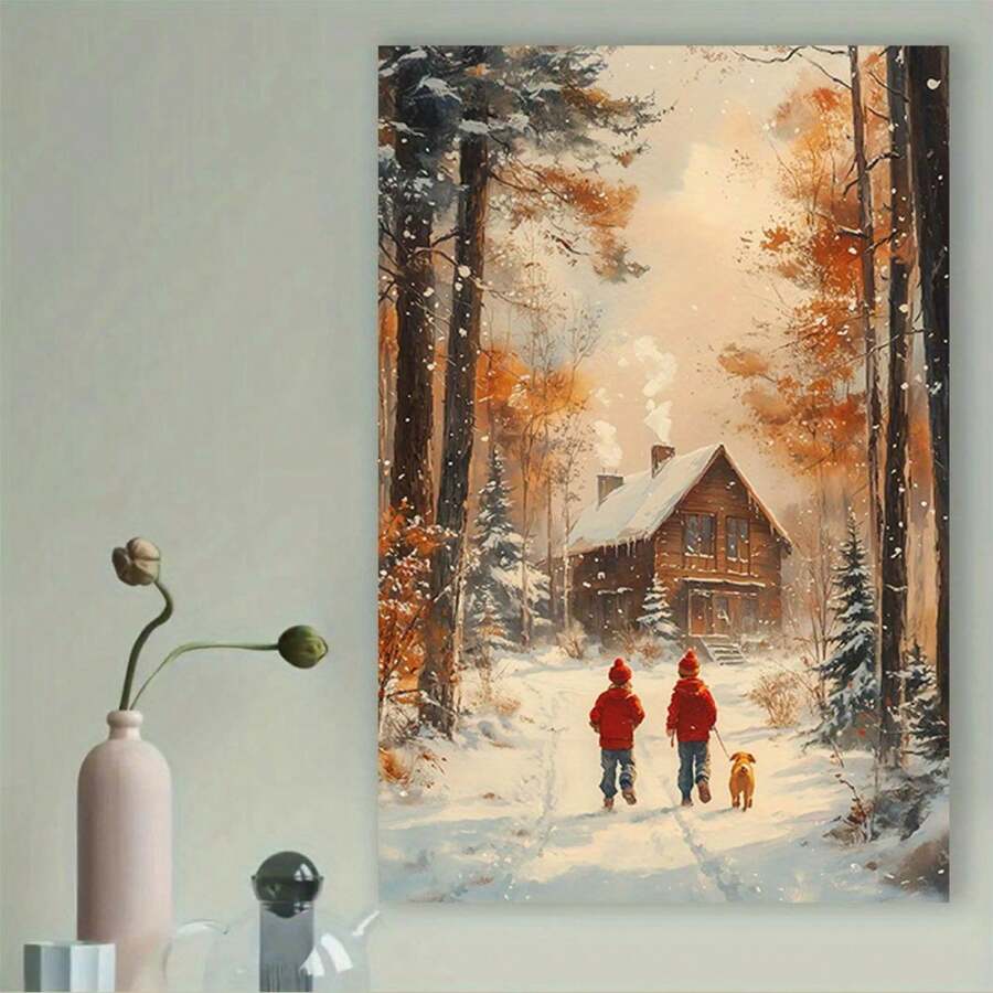 1pc Framed Abstract Canvas Painting With Inner Frame, Children And Their Dog Walk On Snow-Covered Paths, Living Room Bedroom Canvas Painting Light Luxury Living Room Background Wall Painting Studio Hallway Art Hanging Painting