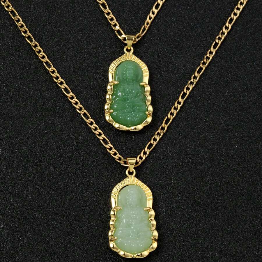 dollrinboy 1 pièce Pendentif collier 18 carats plaqué or de Guanyin Bouddha vert pour femmes et hommes, ornement bouddhiste amulette, avec chaîne plate de 3mm