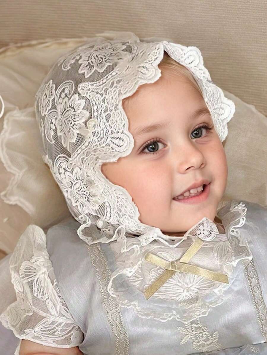 1 pieza Sombrero de bebé niña con detalles de encaje blanco, cofia de bebé para primavera/verano, gorro para recién nacido