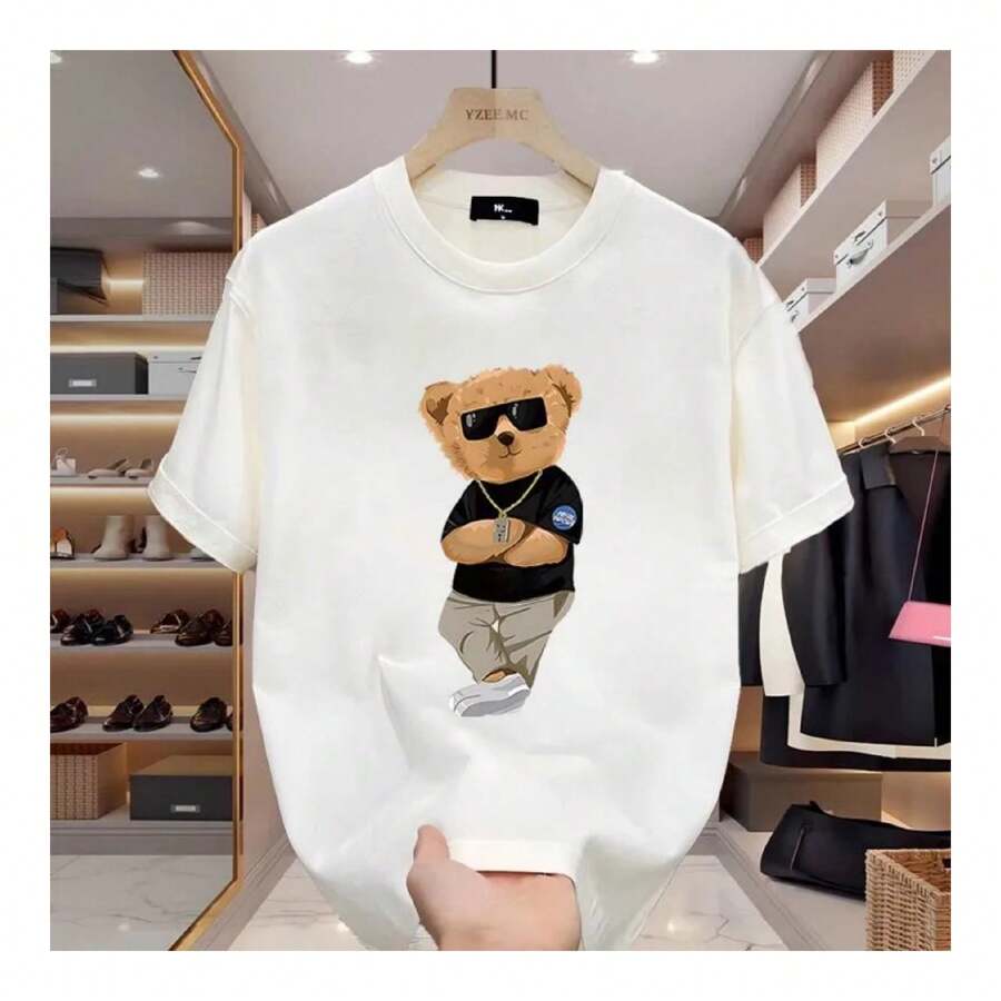 New Summer Fashion Bear Printed Men T-Shirts Beach Breathable Funny Clothing Oversize Casual Cotton Tops Mans Short Sleeve