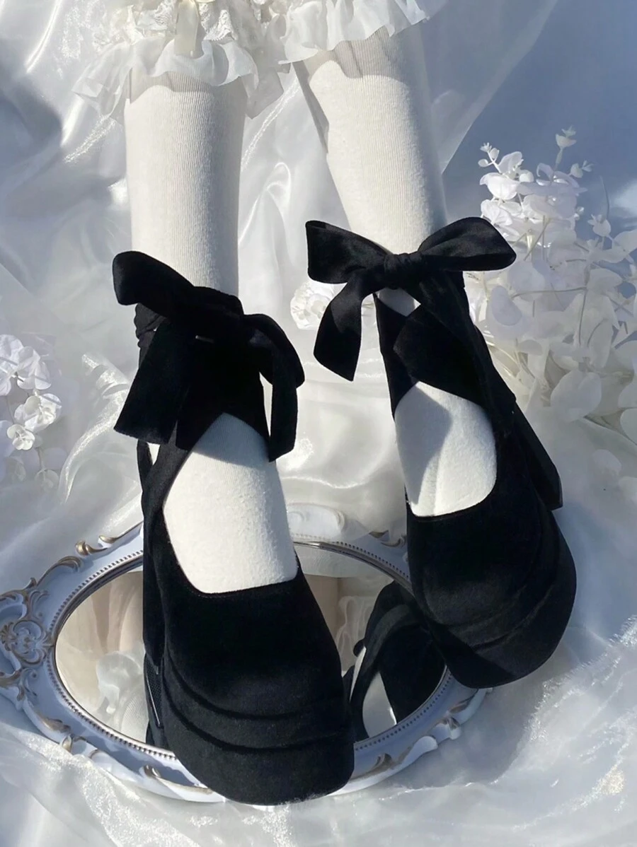 Zapatos estilo francés de tacón alto y plataforma, tacón grueso, Mary Jane a prueba de agua con lazo de terciopelo y puntera redonda para San Valentín