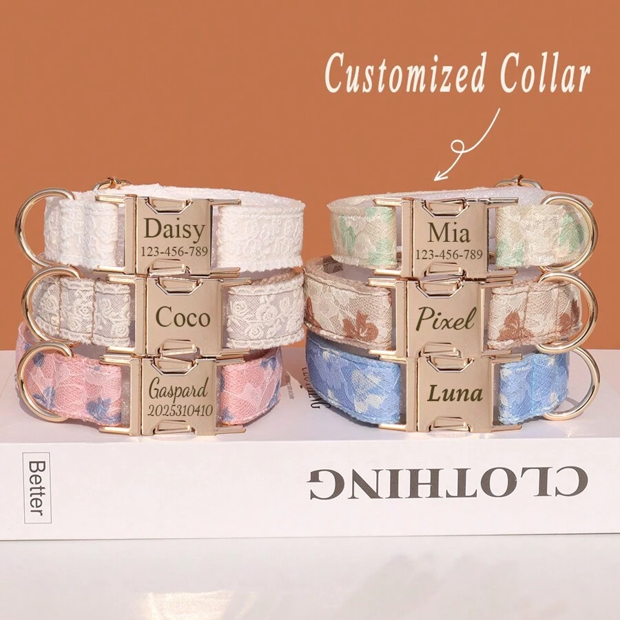 Collier et laisse en dentelle personnalisé pour chien, collier pour animal de compagnie réglable avec nom et numéro de contact personnalisés, convient pour les fêtes, les mariages et les petits, moyens et grands chiens