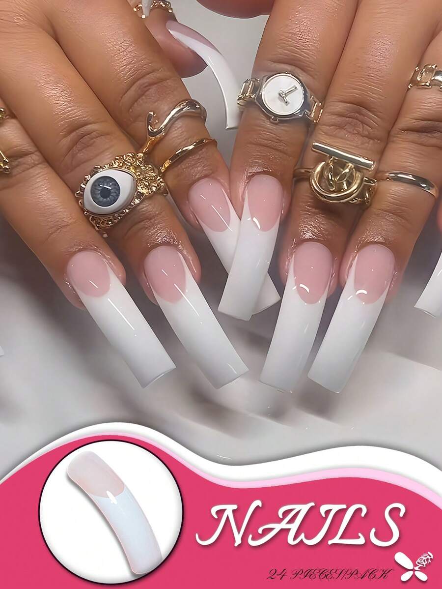 20pcs Long Curved White French Fake Nails, Classic And Minimalist White French Design, Highlighting Elegant And Sophisticated Fingertip Beauty, Includes Jelly Glue And Nail File, Perfect Nail Set For Weddings, Parties, And Everyday Styles Press On Nails