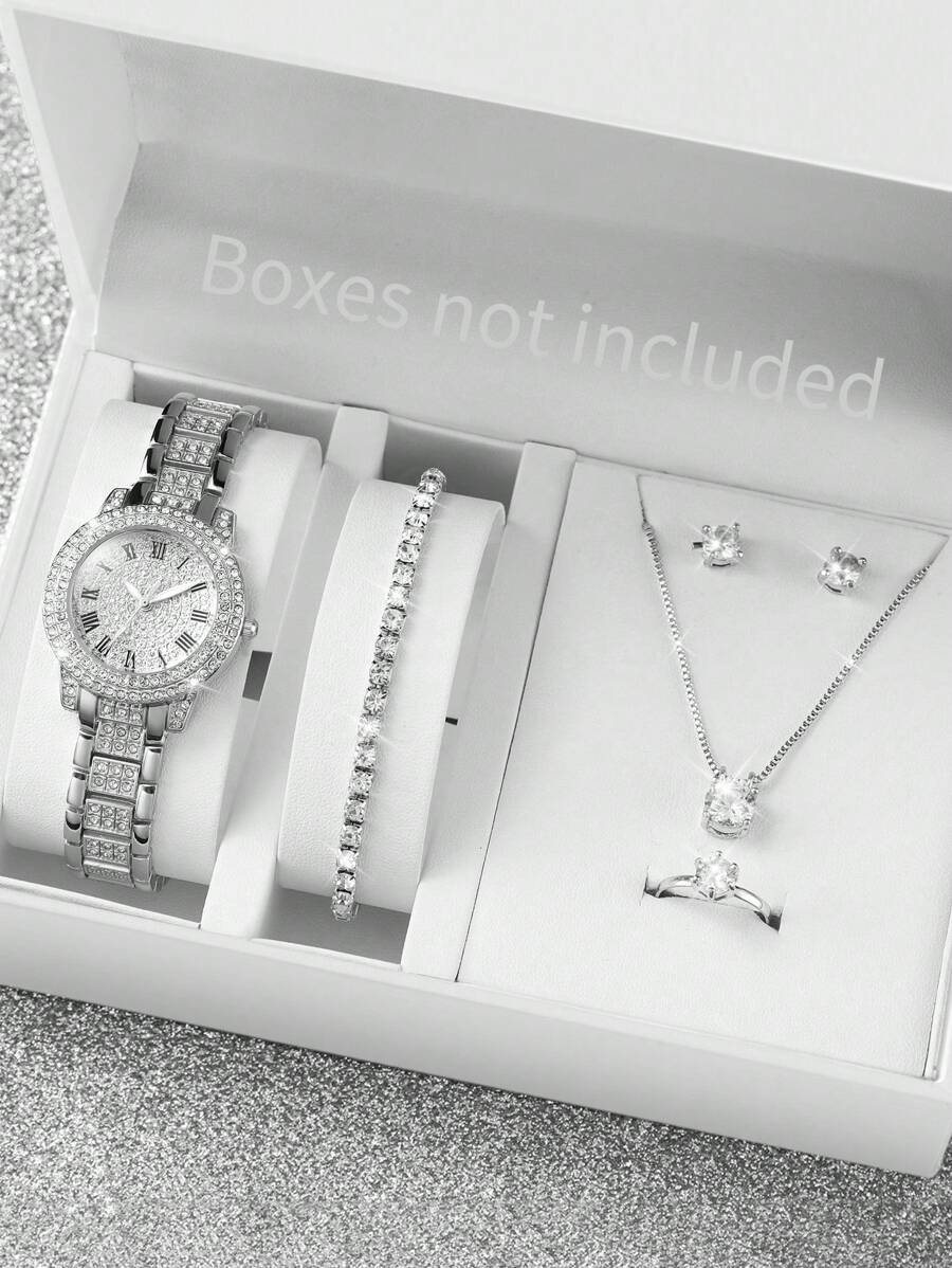 6er Set Modische, Lässig Quarz Armbanduhr für Damen mit römischem Zifferblatt & Stahlarmband + Schmuckset (ohne Uhrenetui)