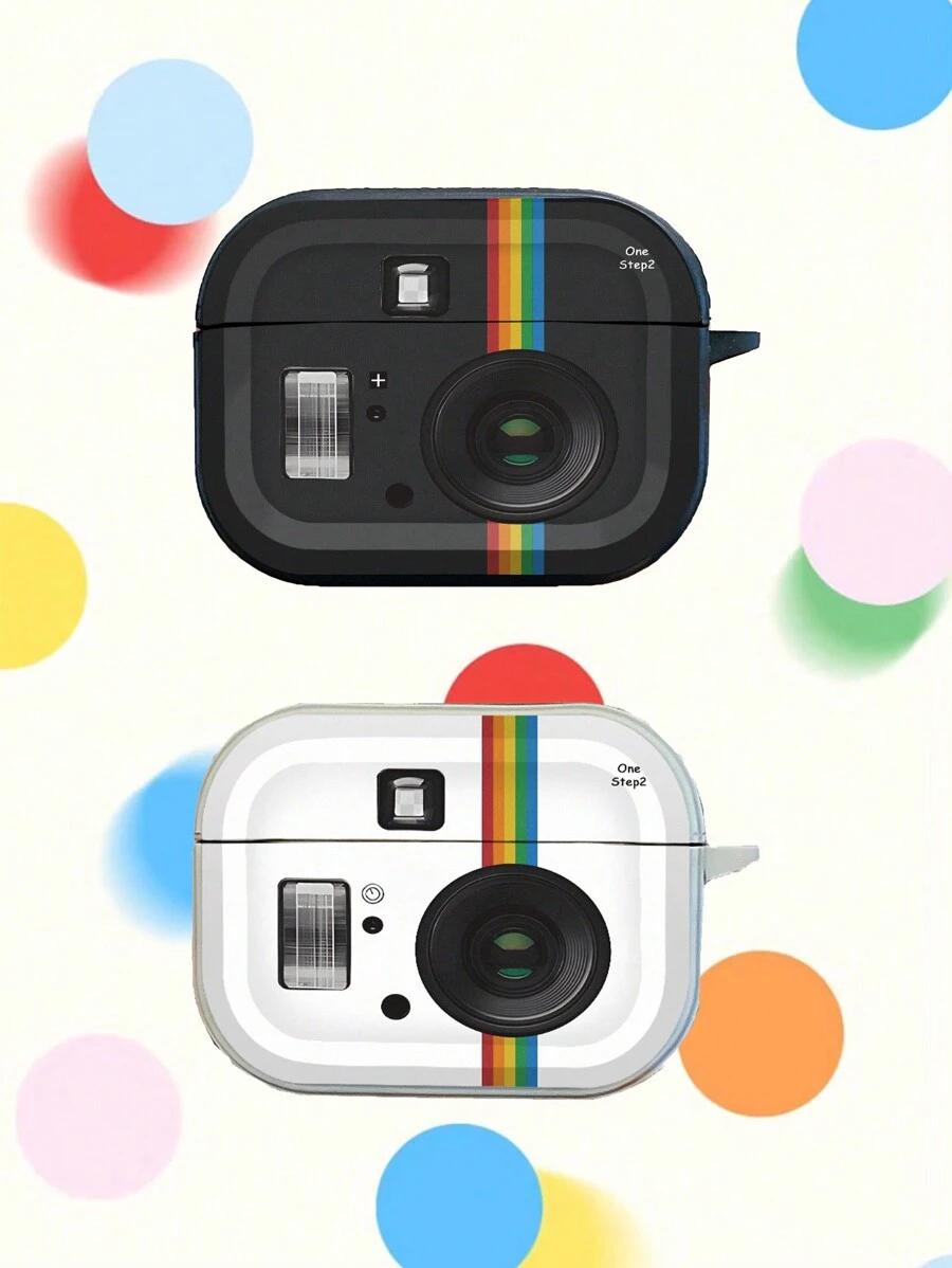 Leren textuur oortelefoonhoesje, creatieve instant camera-stijl beschermhoes compatibel met AirPods Pro 2e generatie, AirPods 1/2/3, draadloze Bluetooth-oortelefoon, minimalistische INS-stijl, zwart en wit