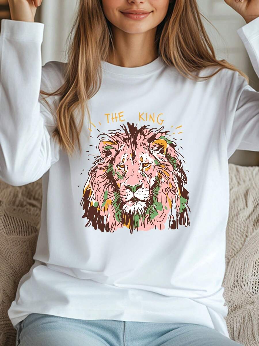 Women's Plus Size T-Shirt Retro Style Lion Feather KING Letters Print Fashion Long Sleeve Round-Neck Loose Fit Tee Casual Streetwear