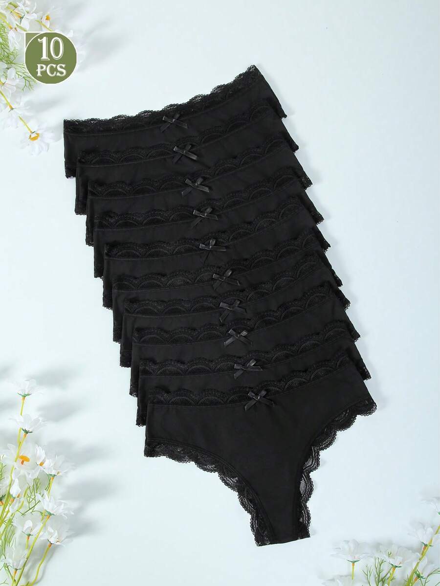10 pièces, String fin noir en dentelle pour femmes, string en dentelle romantique à nœud, sexy et pour jeunes filles. Ensembles de strings confortables, doux et respirants