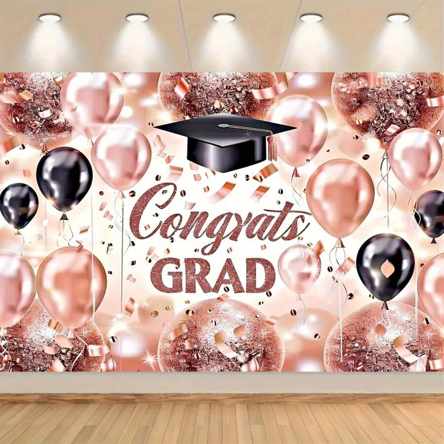 1 Rose Gold Graduation Congratulatory Polyester Background, Graduation Party Photo Background, No Need For Electricity, Suitable For Photo Booth And Birthday Decoration