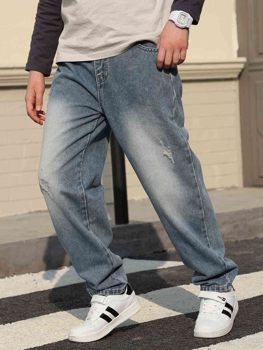 Jeans droits décontractés vintage lavés pour garçons, pantalon en jean déchiré pour adolescents, printemps/automne