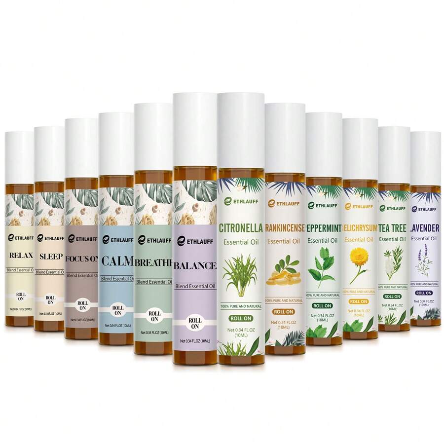 Essential Oils Roll On Set 12 Pack -(Relax, Sleep, Balance,Breathe, Focus On, Happiness,Lavender, Tea Tree, Peppermint, Citronella, Frankincense, Helichrysum) Aromatherapy Oil With Roller Ball, Essential Oils For Skin - Relaxation Gift For Women And Men
