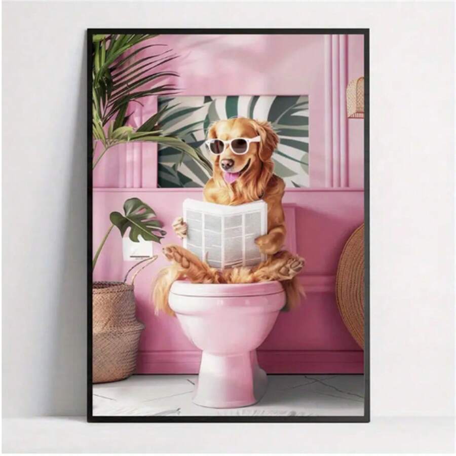 1PC Golden Retriever Reading On Toilet Canvas Print - Funny Bathroom Wall Art, Modern Retro Art Deco Dog Poster- Ink Art Medium - Animal Theme - Perfect Gift For Dog Lovers - Suitable For Living Room, Bedroom, Kitchen, Office(No Frame)