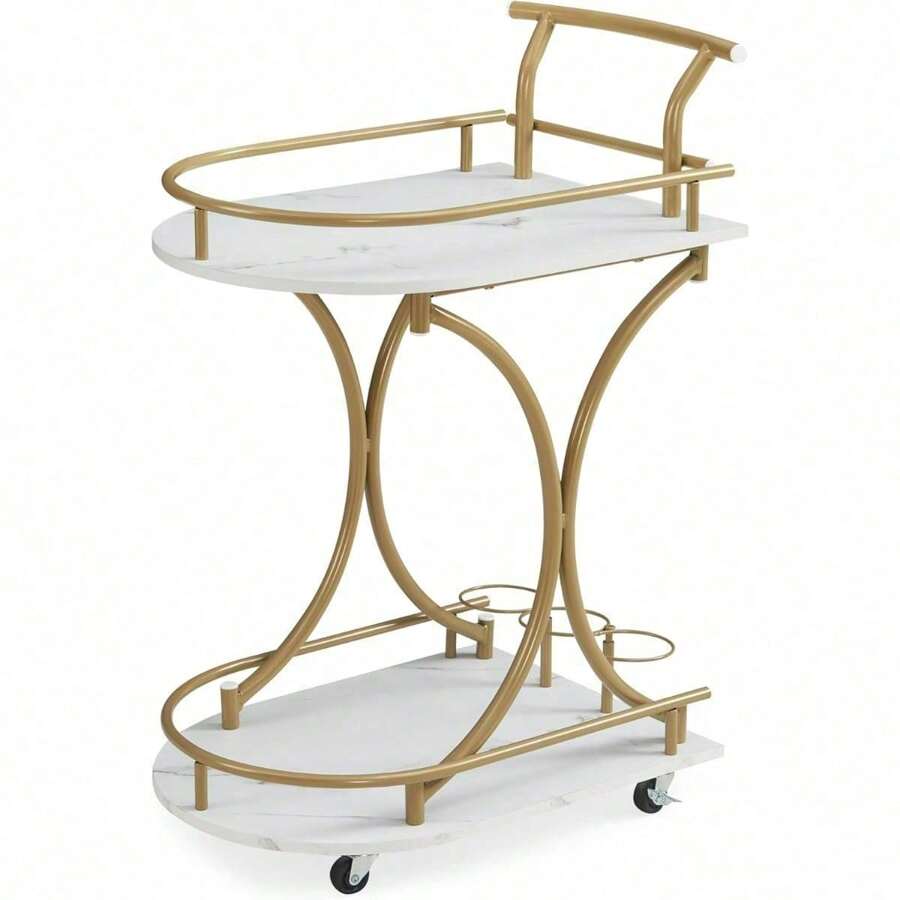 Gold Bar Cart, 2-Tier Home Bar Serving Cart With Wheels, Wine Rack & Glass Holder, Mobile Beverage Cart For Kitchen, Dining Room, And Living Room (Gold2)