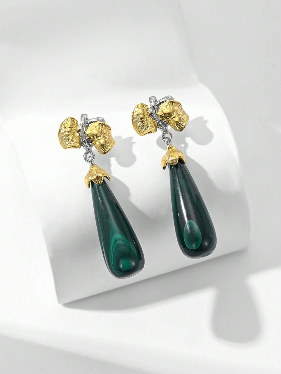 1 Pair 925 Sterling Silver Luxury Vintage Peacock Stone Pendant Earrings, Golden Floral Petal & Delicate Leaf Design Jewelry, Displaying Elegant Feminine Charm, Suitable For Formal Occasions Like Gala And Wedding