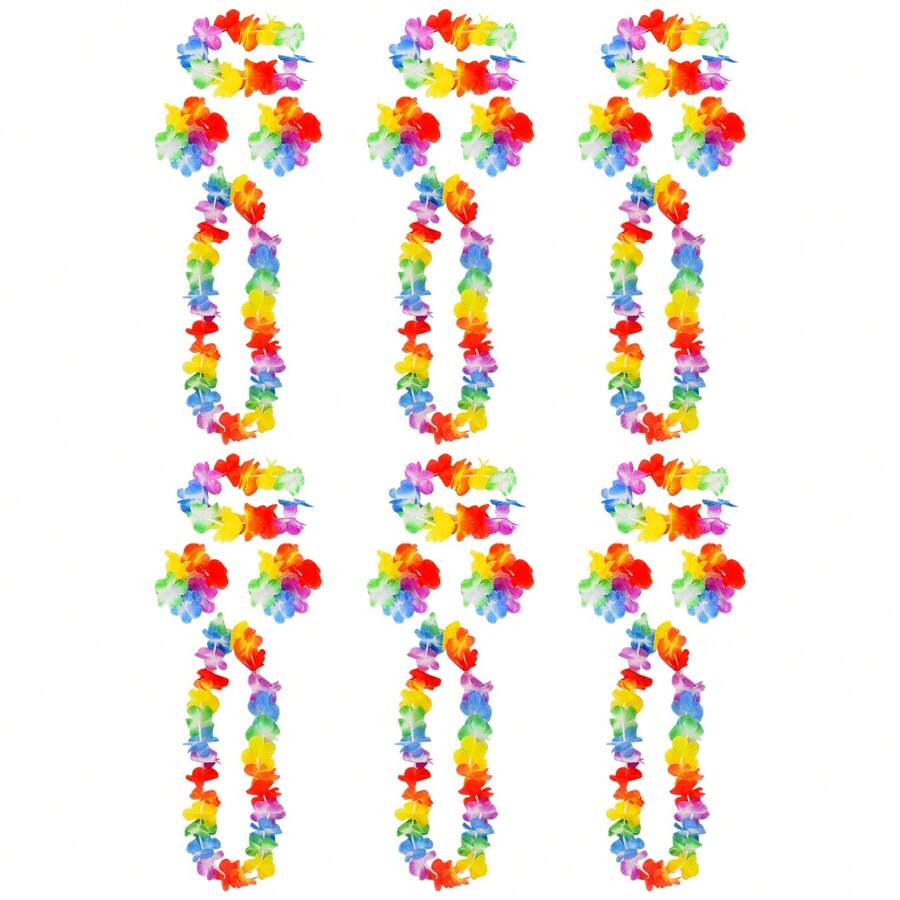 24 Pcs Hawaiian Garlands, Hawaiian Leis Set With Necklace Headbands Bracelet, Tropical Theme Party Decorations Vibrantly Colored Hawaiian Fancy Dress Luau Flower Essential Tropical Decorations(There Are A Total Of 6 Sets, Each Set Containing 4 Pieces, For A Total Of 24 Pieces)