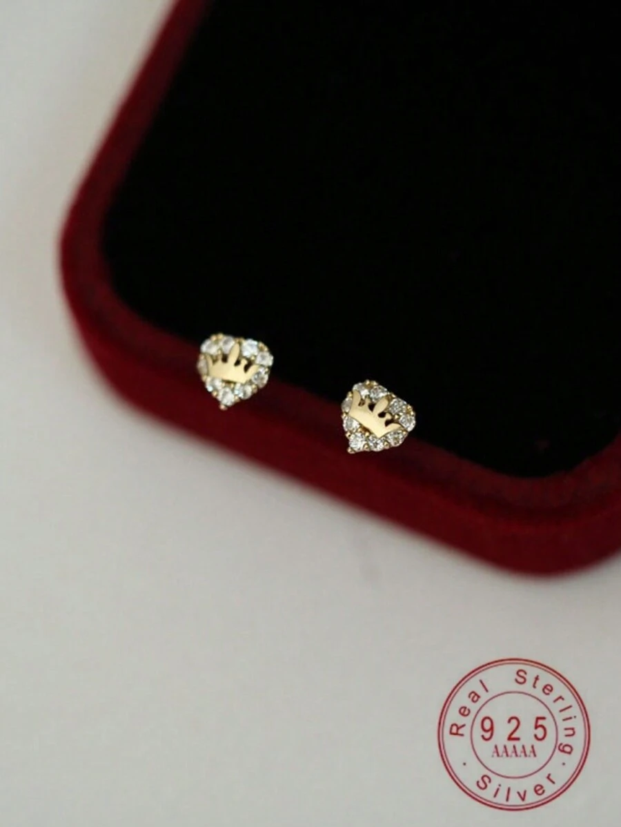 1 pereche de cercei tip coroana eleganti, placati cu aur de 14k, argint S925, cu cristale de zirconiu cubic pentru fetita