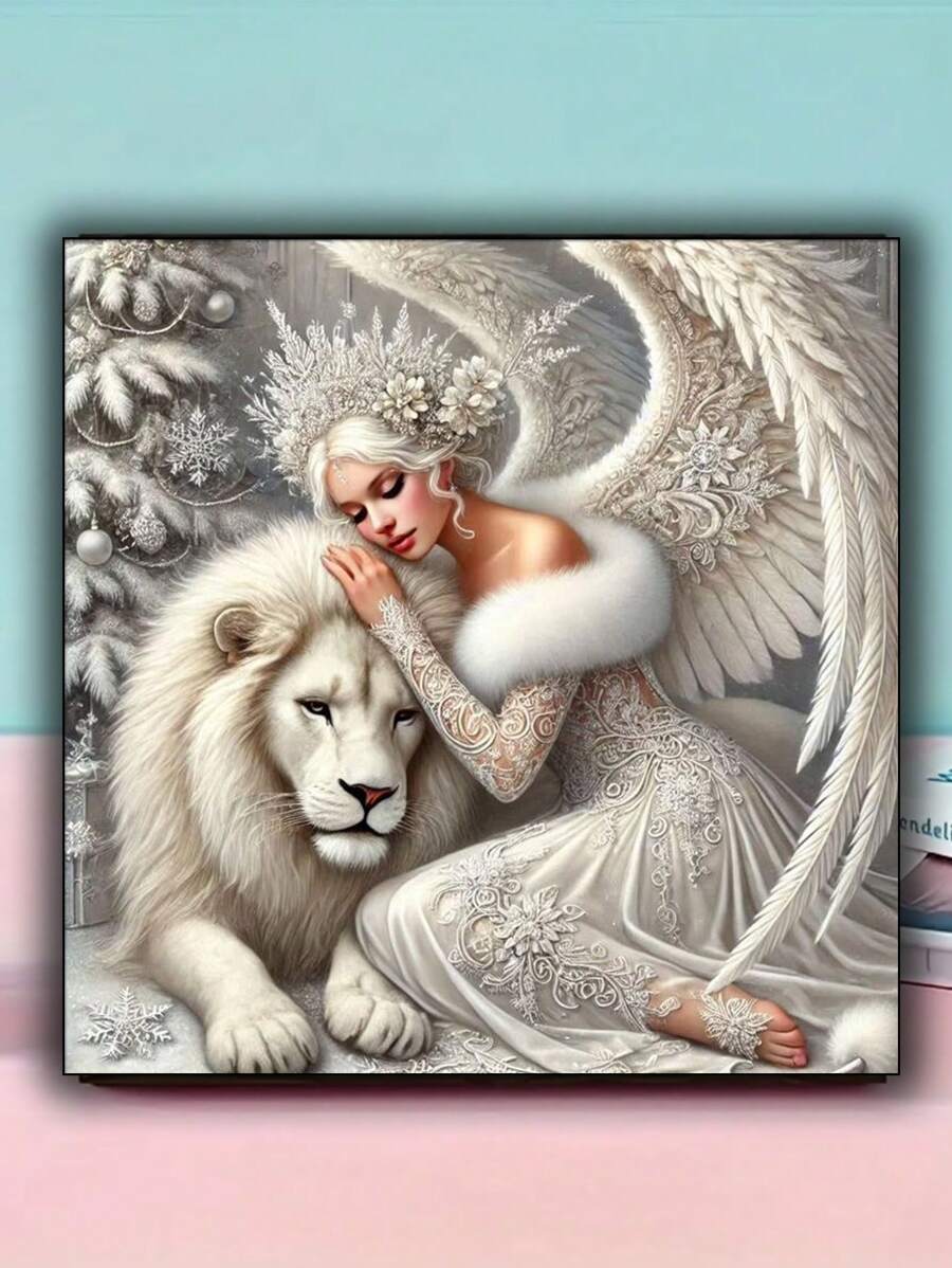 1set Wings Angel And Lion Diamond Painting Kit, 5D Embroidery Rhinestone DIY Art Set, Full Drill Round Diamonds For Home & Room Decor, Canvas Craft Tool, Mosaic Art Supplies