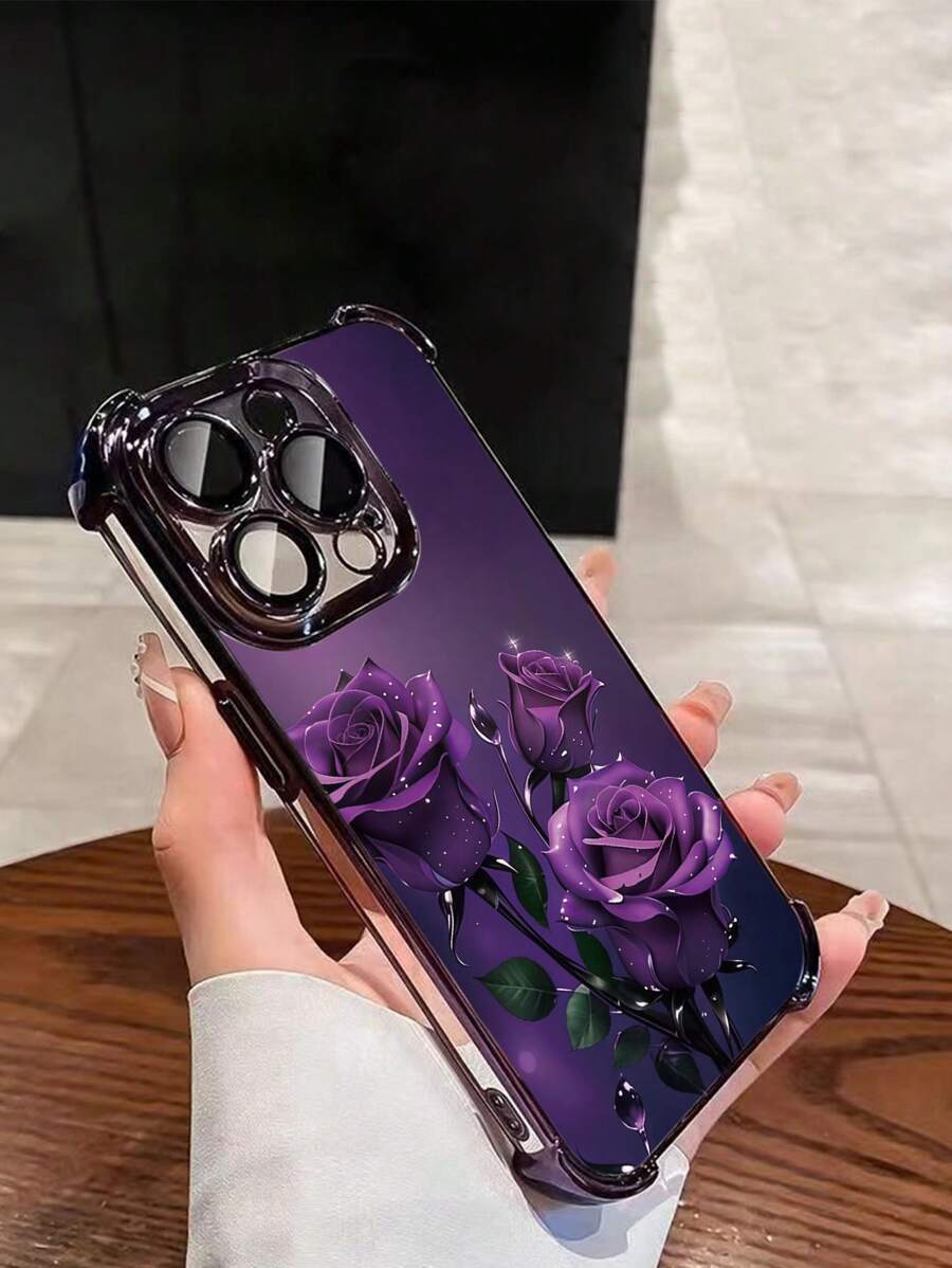 Funda de teléfono morada 1 pieza Nueva funda protectora morada con rosa electrochapada, amortiguación y TPU transparente reforzado compatible con iPhone/16 Pro Max/16 Pro/16/13 Pro Max/12 Pro Max 11, 15 Pro Max, 14 Pro Max/Galaxy, SAM/Honor/Note 13 Pro/S23 Ultra/S24 Ultra