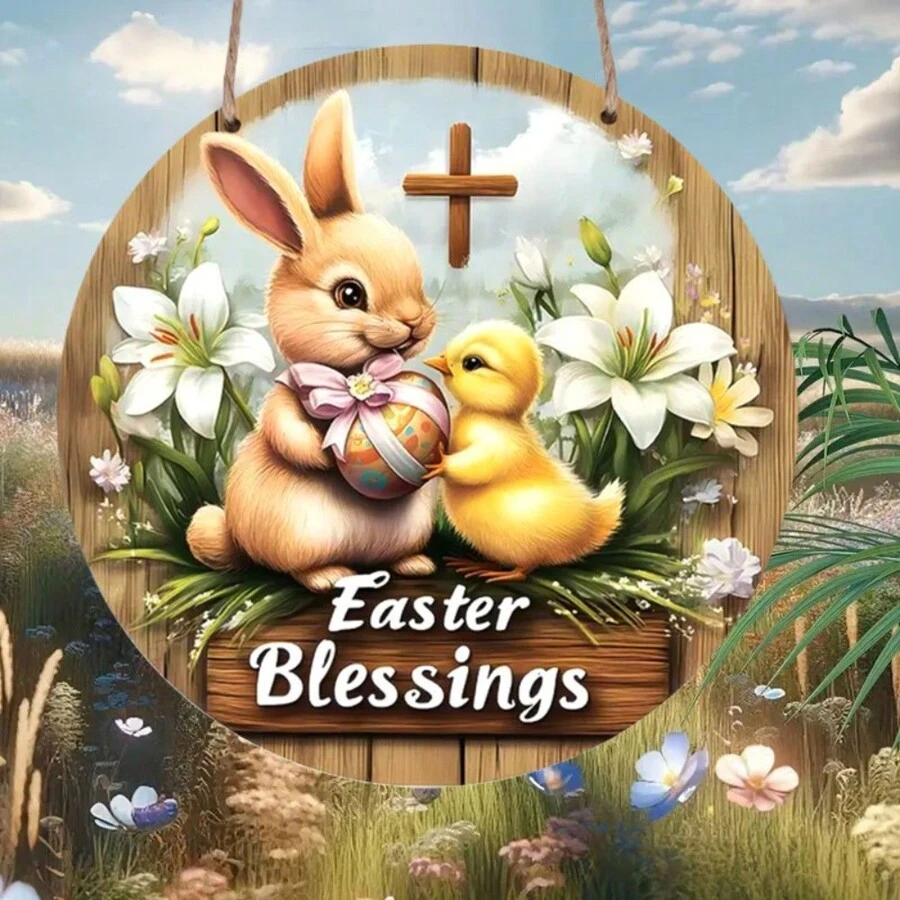 1PC Easter Celebration Circular Wooden Sign - Rabbit And Chick Wreath Design, Used For Door And Wall Decoration, Perfect For Families, Living Rooms, Dining Rooms, Bars, Cafes, Yards, Garage