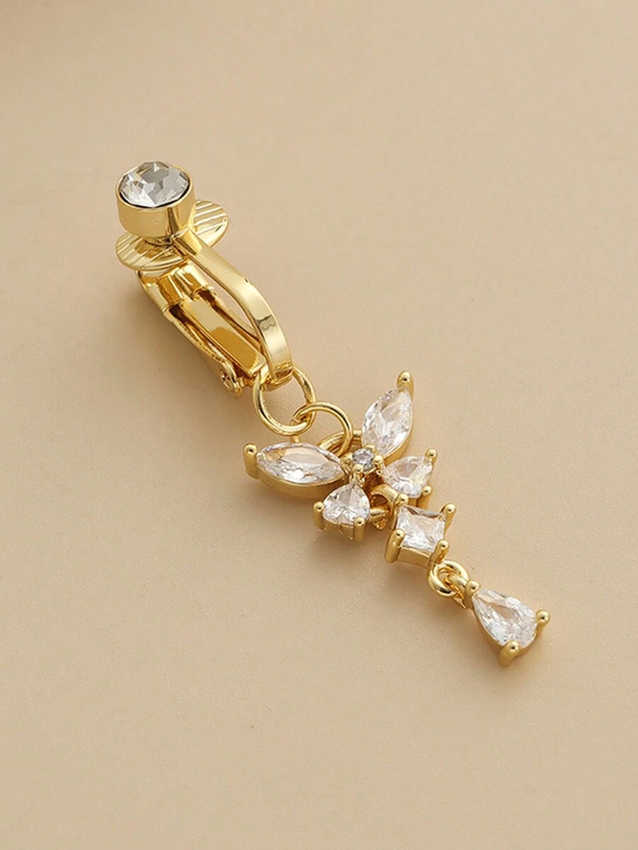 1 Pc Luxurious Alloy Unique Hole-Free And Pierced White Zirconia Water Drop Pendant Golden Butterfly False Navel Ring And Human Piercing Jewelry Are Suitable For Ladies To Wear On A Daily Basis