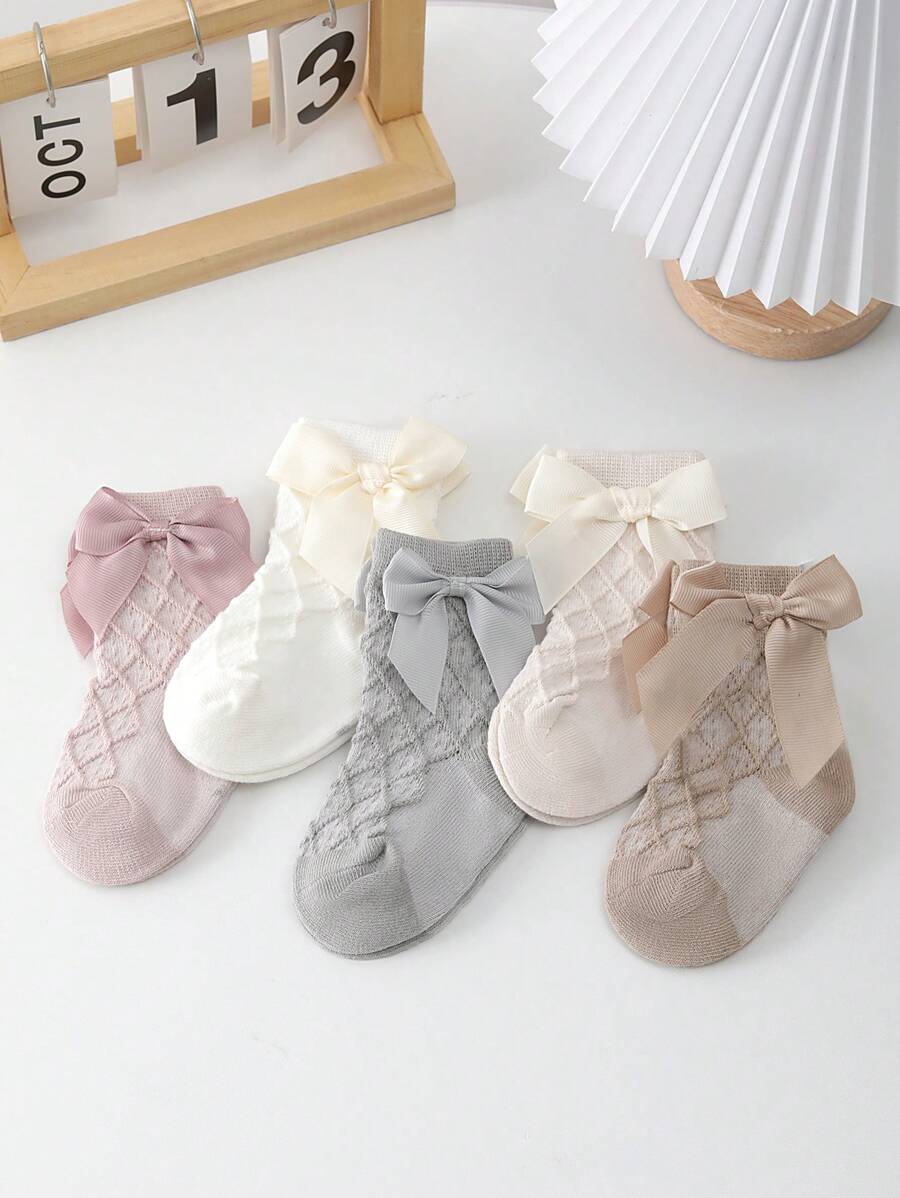 1 Pair Girls Waffle Knit Bow Mid-Calf Socks, Spring/Autumn