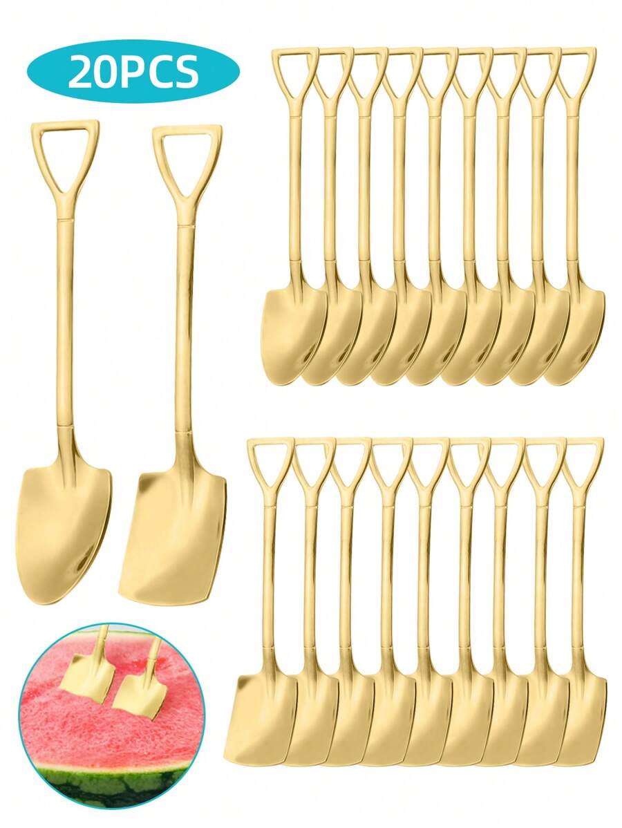 5/10/20pcs Stainless Steel Silver/Golden Finish Spoons Set, Shovel-Shaped Spoons For Digging Watermelon/Tea/Dessert/Cake/Stirring/Fruit/Ice Cream, Kitchen Tableware Set, Cutlery Set, Perfect For Home, Kitchen, Bar, Restaurant, Wedding, Birthdays, New Year, Halloween, Christmas, Easter, Valentine's Day, Thanksgiving Celebrations, And Other Festive Parties, Christmas Gift, Gift Givings-Party , Dishwasher Safe