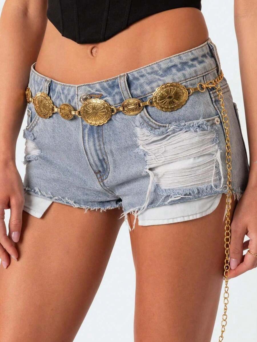 1pc Plus Size Women Oversize Boho Vintage High-End Gold Metal Belt, Fashion Waist Chain, Suitable For Dresses, Shirts, Beach, Party, Festival