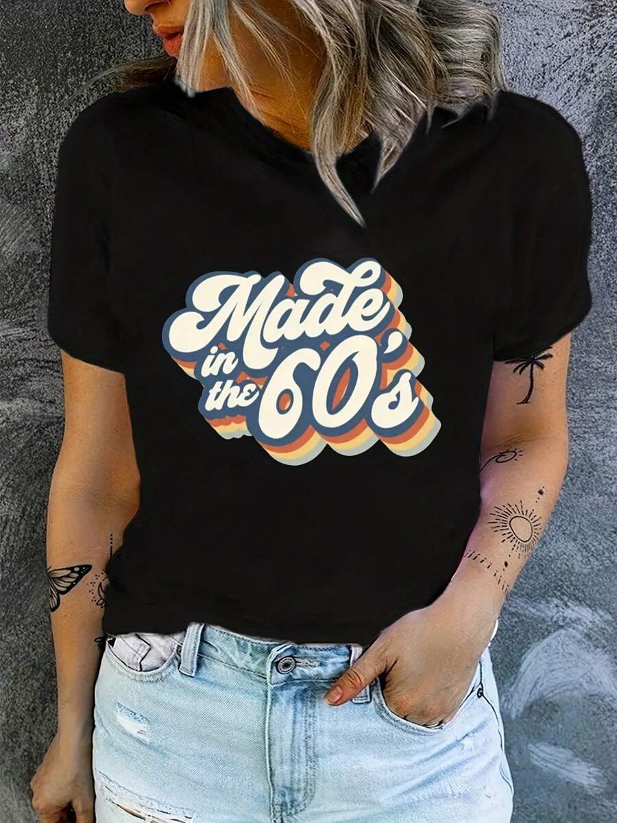 Stylish Plus Size Casual Tee - Women's Plus Size Short Sleeve Round Neck Medium Stretch Slogan Print T-Shirt For Everyday Wear