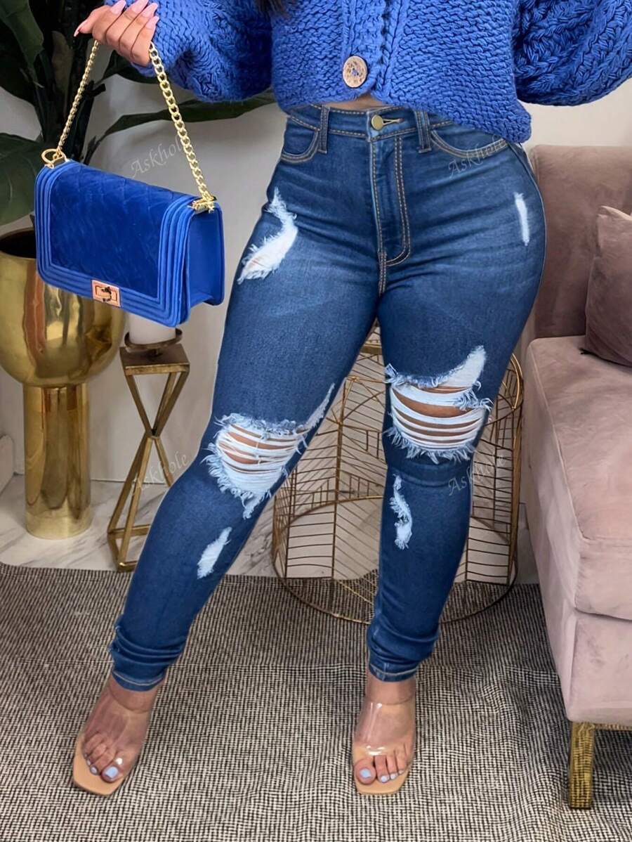 Modieuze distressed denim jeans voor dames, casual skinny broek geschikt voor uitjes en alle seizoenen, herfst/winter