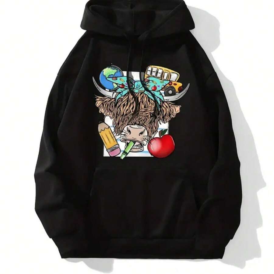 Cute Bow Cow Print Hoodie, Versatile Drawstring Kangaroo Pocket Hoodies Sweatshirt, Women's Clothing