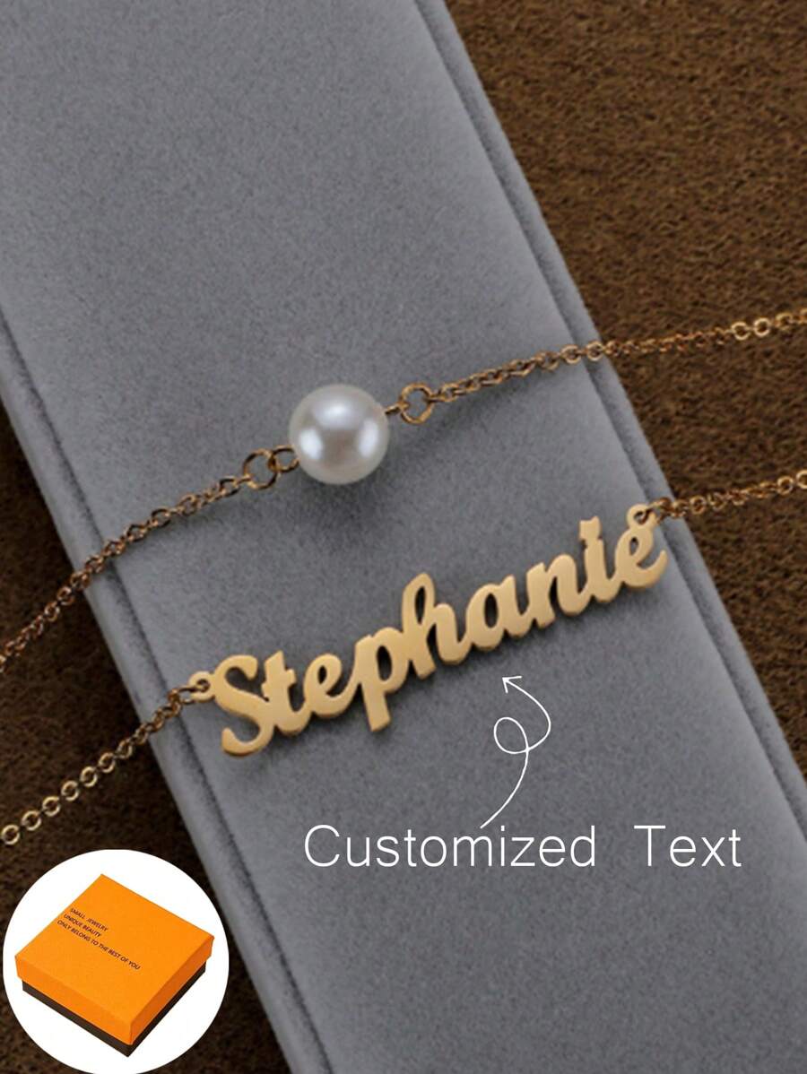 1pc DIY Customized Double Layer Pearl Hollow English Letter Stainless Steel Pendant Necklace Cross Border New Women's Jewelry Customizable Name Simple Daily Style, Products Including Gift Box, Valentine's Day Gift, Birthday Gift, Mother's Day Gift, Daily Gift