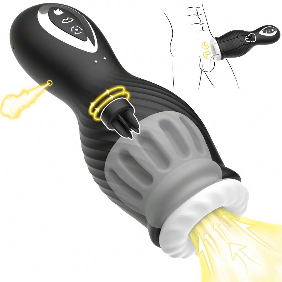 Masturbateur masculin en silicone avec lèvres réalistes, vagin pour un plaisir ultime, 7 modes de succion et de rotation automatiques, intensité réglable pour un jouet sexuel ultime pour homme adulte (noir)